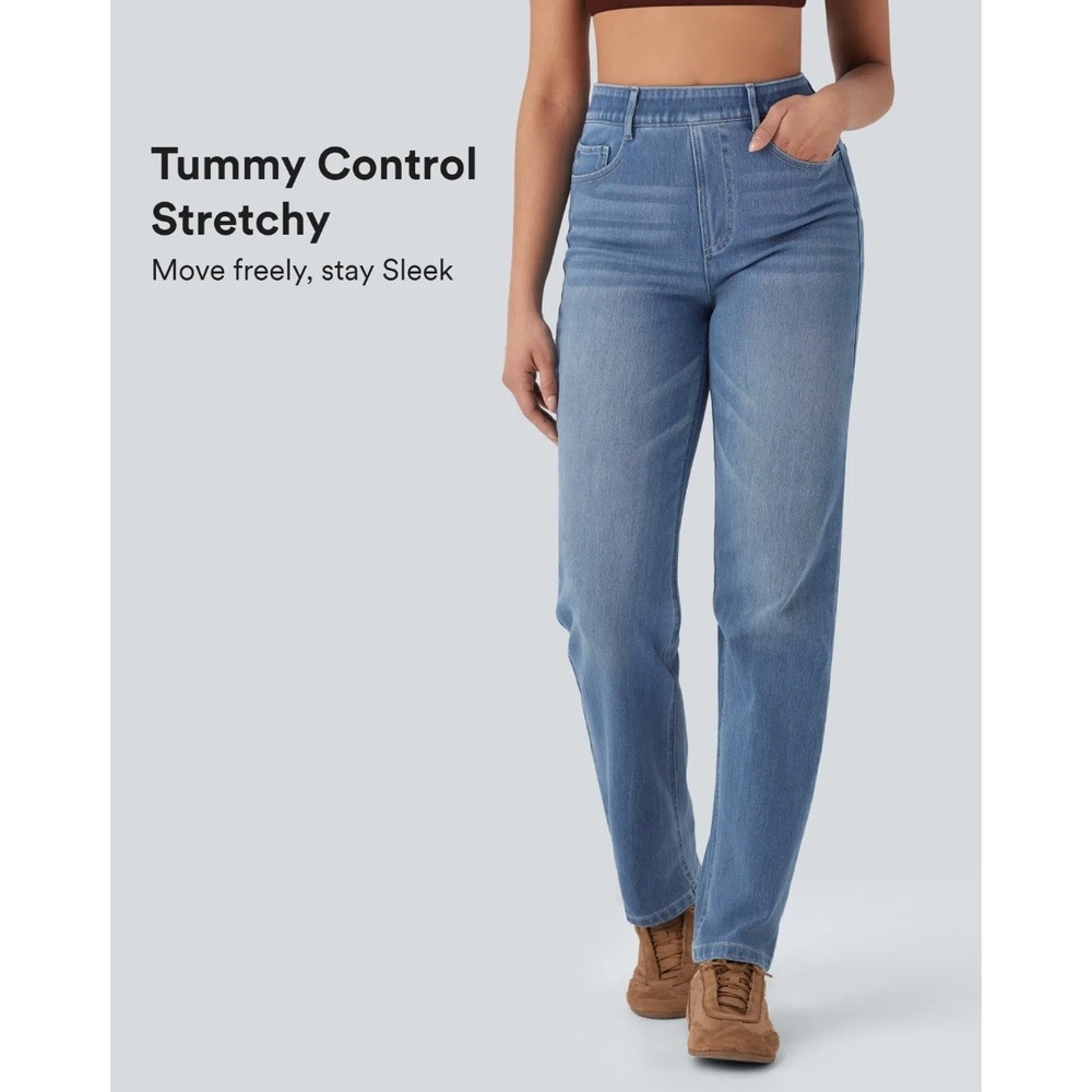 Halara Flex High Waisted Tummy Control Straight Leg Washed Casual Jeans‎ Sz L